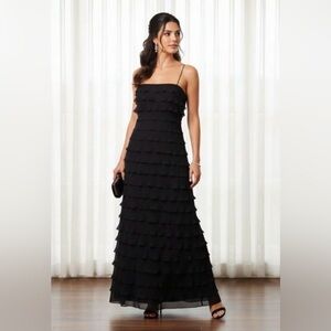 Tadashi Vintage Dress Black Silk Chiffon Mermaid Tiered Ruffles Evening Gown 14